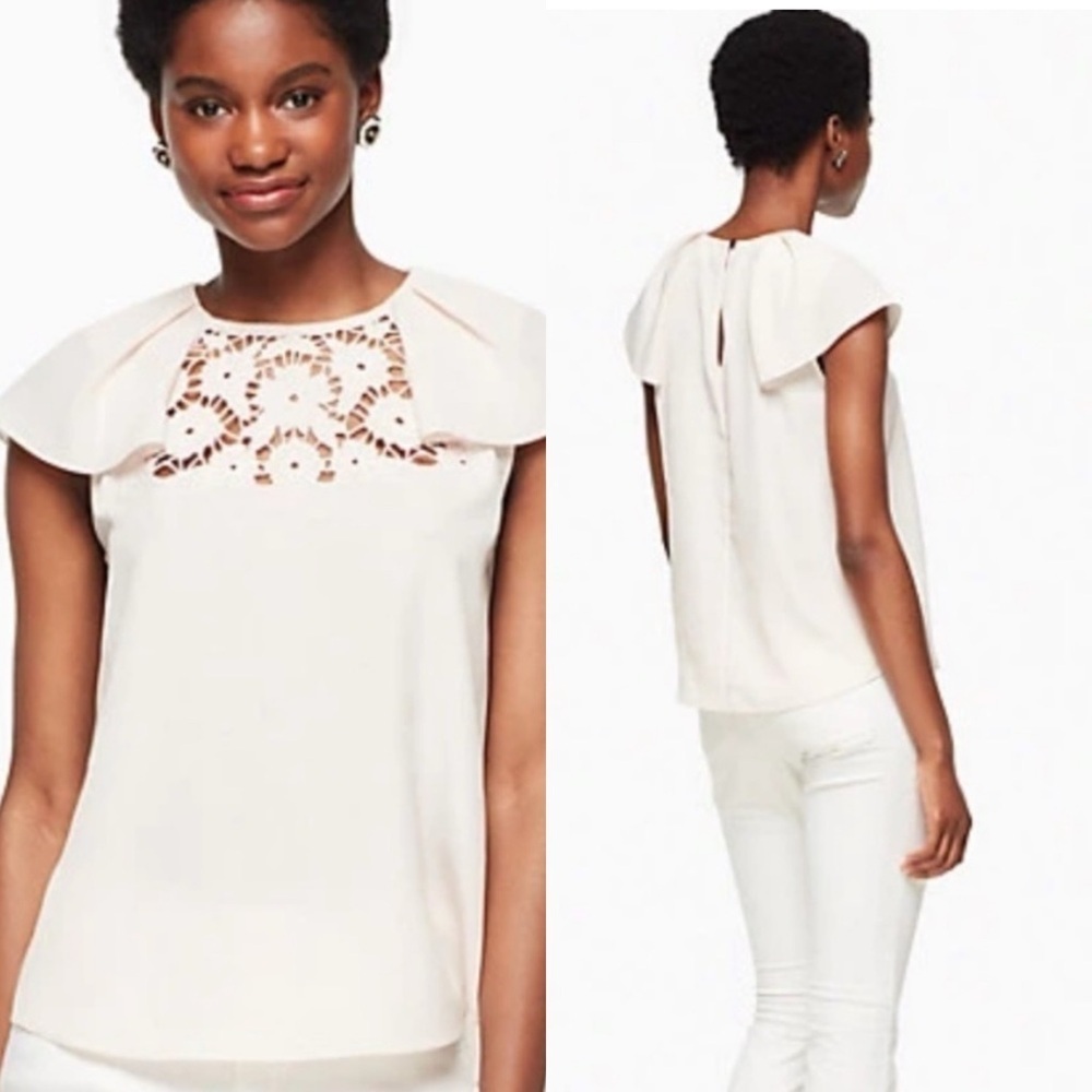 Kate Spade Size XS Lace Embroidered Top Rose Dew Pale Pink Flutter Sleeves